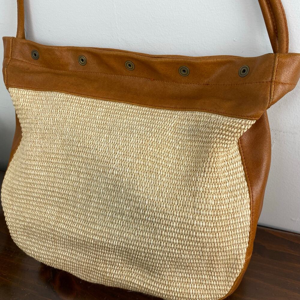 Furla Straw and Cognac Leather Slouchy Hobo Shoulder Bag Tote Bohemian Chic - Picture 5 of 14
